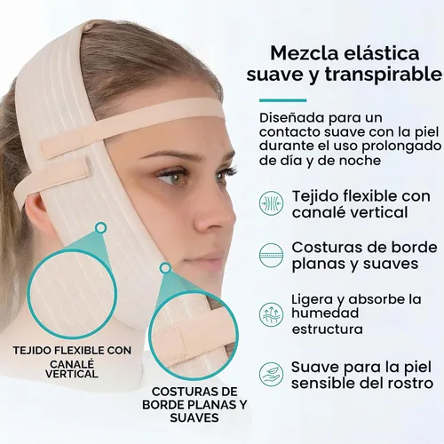 Vista 4 de Banda de correa de barbilla para ropa de compresión facial poscirugía, Cinta de envoltura de cara de doble barbilla, Ejercitador de línea de Beige