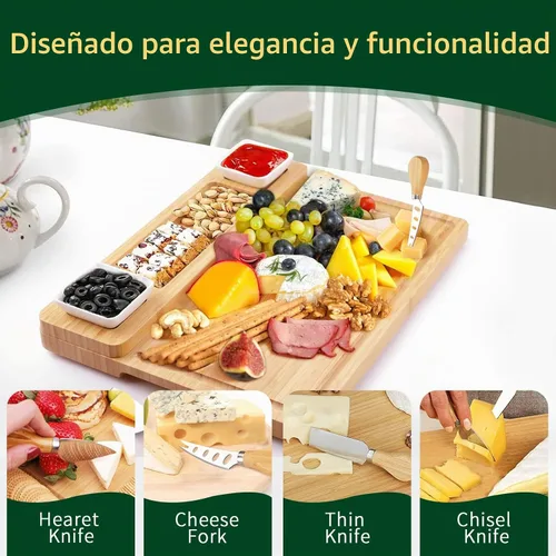 Vista 5 de Juego de tablas de embutidos y cuchillos - Tabla de queso de bambú - Bandeja de queso, carne y vino - Regalos únicos para inauguración de casa