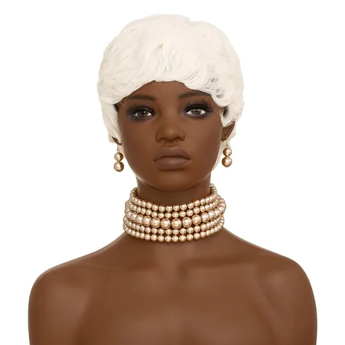 Vista 7 de Peluca Pixie blanca corta para mujeres negras, peluca blanca de corte pixie para mujeres negras, pelucas de pelo corto sintético en capas