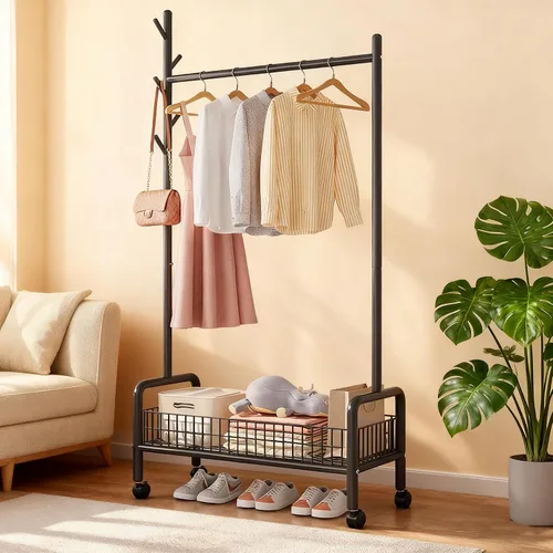 Vista 5 de Perchero con estantes de almacenamiento, perchero resistente con ruedas para dormitorio, sala de estar, organización de lavandería