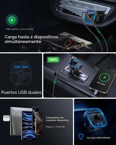 Vista 5 de LENCENT Transmisor FM, transmisor FM Bluetooth, adaptador de radio inalámbrico, kit de coche con carga USB dual, receptor de audio, cargador