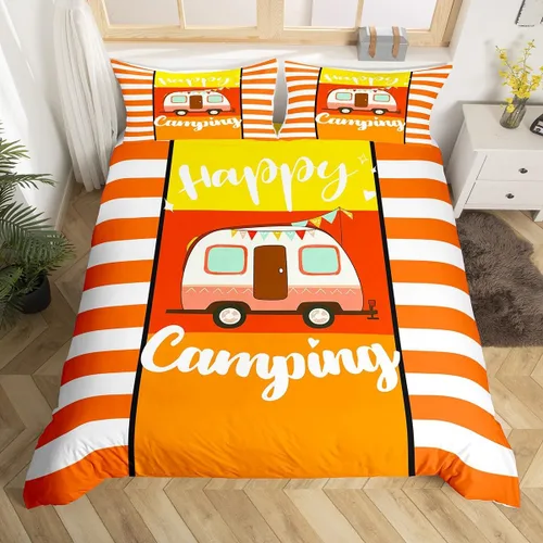 Vista 11 de Erosebridal Juego de funda de edredón de cabaña de cabaña, ropa de cama individual para niños, funda de edredón de campamento feliz, ropa de cama