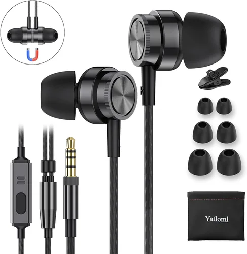 Vista 7 de Yatloml Auriculares con cable con micrófono, auriculares intrauditivos con cable con aislamiento de ruido de graves pesados, cable magnético