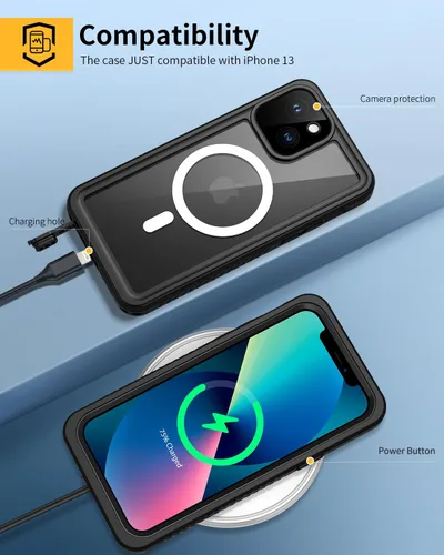 Vista 6 de Lanhiem Funda magnética para iPhone 13, impermeable, a prueba de polvo, a prueba de golpes, con protector de pantalla integrado compatible con Negro