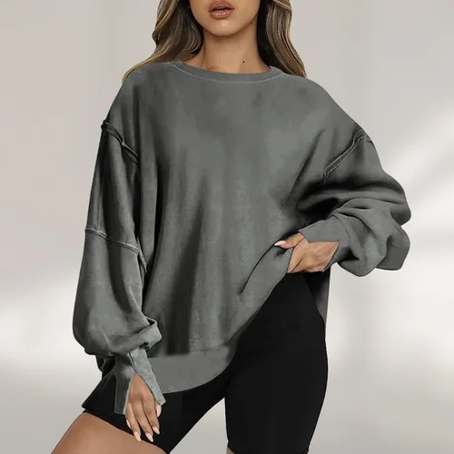 Vista 4 de Ceboyel Sudadera de gran tamaño para mujer 2023, color sólido, cuello redondo, suéter con abertura lateral, cómodo ropa de moda de otoño
