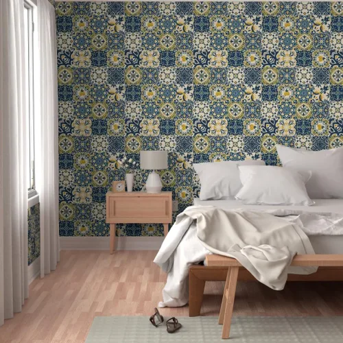 Vista 5 de Papel tapiz para despegar y pegar – Azulejos amarillos Limones Cheater Quilt Italiano Mediterráneo Azulejos Siciliano Karge Escala Toscana, Papel