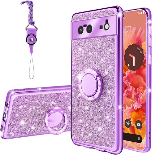 Vista 53 de Funda compatible con Google Pixel 6 Pro para mujer, con purpurina, suave, elegante, transparente, TPU de lujo, bonita funda protectora con correa