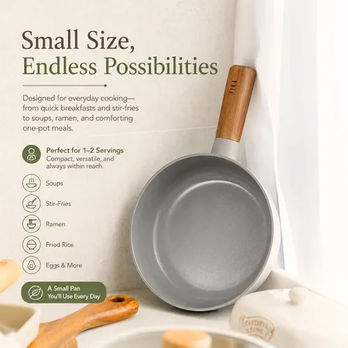 Vista 4 de Neoflam FIKA - Sartén para wok pequeña con revestimiento de cerámica de 7 pulgadas de profundidad, antiadherente con mango de madera natural