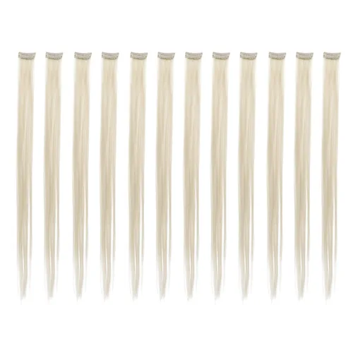 Vista 18 de SWACC 12 extensiones de cabello lacio de un color con clip, para mujer, extensiones de cabello sintético con rayas de color (rubio beige)
