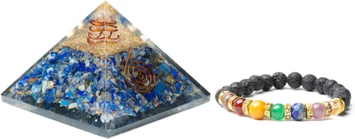 Vista 3 de Pirámide de orgón - Cristales de piedra de lapislázuli azul con punta de cuarzo envuelta en cobre