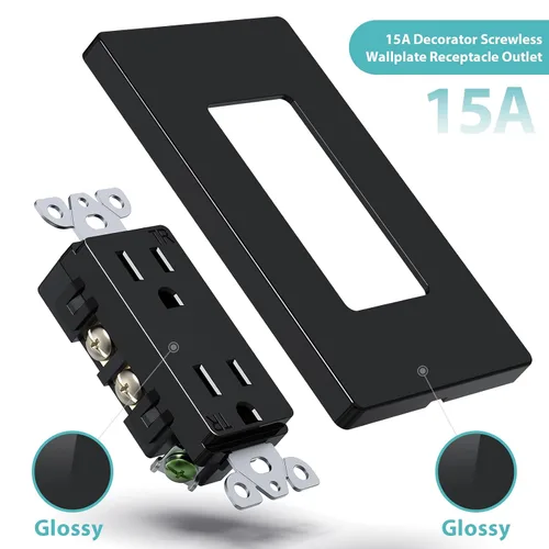 Vista 3 de Salida de receptáculo decorador, placa de pared sin tornillos incluida, salida de pared resistente a manipulaciones de 15 amperios y 125 V, 2 polos