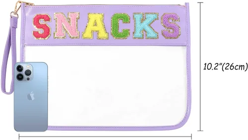 Vista 3 de TopTTanBo Bolsa transparente de chenilla con letras, multiusos, transparente, impermeable, para aperitivos, maquillaje, con correa para la muñeca