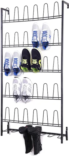 Vista 12 de MyGift - Estantería de pared colgante de metal negro premium para armario de vestidor, cuarto de servicio y entrada, organizador de botas y zapatos