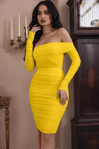 Vista 4 de GOKATOSAU Minivestido sexy y elegante para mujer, con volantes, manga larga, hombros descubiertos, fruncido, para fiesta