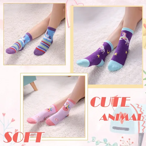 Vista 3 de DYW 6 pares de calcetines antideslizantes para niños y niñas y niños pequeños, con agarre antideslizante de animales, acogedores y esponjosos