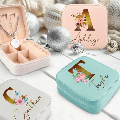 Vista 3 de Joyero personalizado para mujer, joyero de viaje personalizado con nombre, organizador de joyas de viaje para anillos, aretes, collares, regalos
