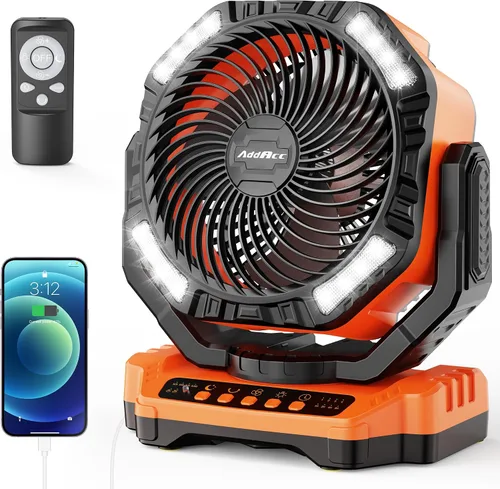 Vista 8 de AddAcc Ventilador de camping recargable de 20000mAh - Ventilador operado por batería con luz y control remoto, oscilación automática, temporizador