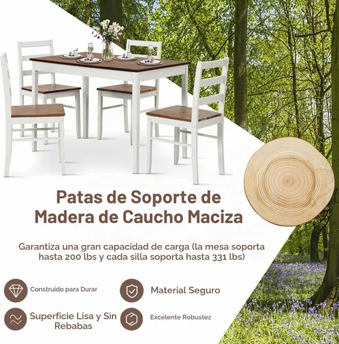 Vista 4 de Giantex Juego de comedor de 5 piezas para 4, mesa rectangular de madera maciza y 4 sillas con patas de madera de goma, juego de mesa de cocina