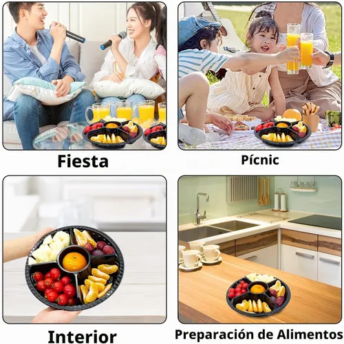 Vista 4 de 12 bandejas de frutas desechables redondas de plástico para con tapa, 5 compartimentos, platos de fiesta, recipientes divididos para aperitivos
