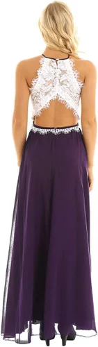 Vista 7 de iEFiEL Vestido de noche de gasa con cuello redondo y encaje en línea A para mujer