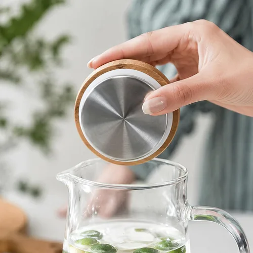 Vista 5 de hjn Jarra de vidrio con tapa, jarra de agua de vidrio con asa, jarra de agua para refrigerador, bebidas frías o calientes, té helado, leche, jugo