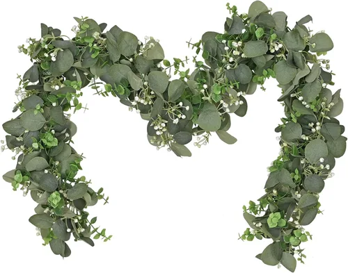 Vista 18 de Dolicer 2 Paquetes Guirnalda Artificial de Eucalipto de 6 Pies, Guirnalda de Vegetación Falsa Colgante Hojas de Eucalipto Dólar de Plata Falsas