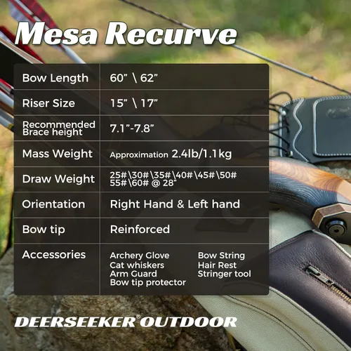 Vista 2 de Deerseeker Archery 60"/62" Takedown Recurve Bow Set with Flemish String Woodgrain Limbs Right Hand & Left Hand Traditional Wooden Bow for Adults &