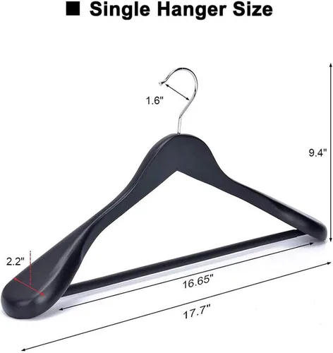 Vista 3 de JS Hanger Perchas de madera para trajes, paquete de 6 perchas de madera extra anchas con barra antideslizante para pantalones, acabado negro extra
