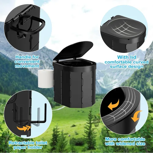 Vista 2 de Inodoro portátil para acampar, inodoro plegable para adultos con tapa y soporte retráctil para papel higiénico, inodoro portátil impermeable