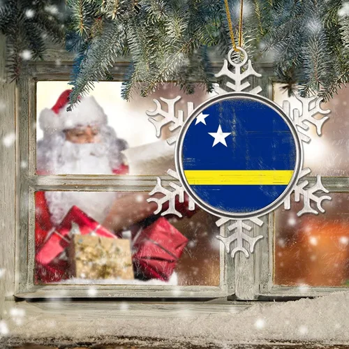 Vista 6 de Curacao Adornos de metal de copo de nieve colgantes para árbol de Navidad, regalo patriótico de recuerdo, adornos de árbol de Navidad, bandera