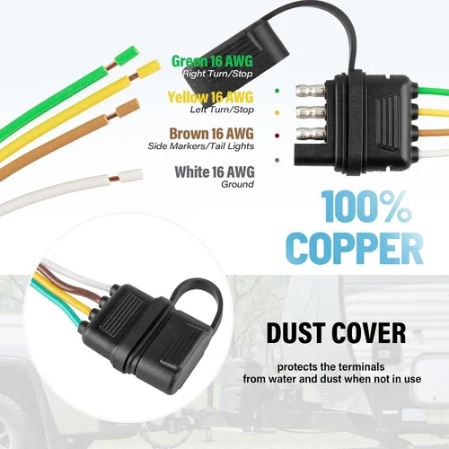Vista 5 de MECMO Conector plano de extremo de remolque de 4 vías de 25 pulgadas, enchufe de arnés de cableado de remolque de 4 clavijas de 16 AWG con cubierta