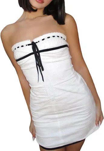 Vista 2 de NUFIWI Vestido corto sin tirantes para mujer, Y2k, con hombros descubiertos, estampado floral, vestido de tubo ajustado, sin espalda, vestido