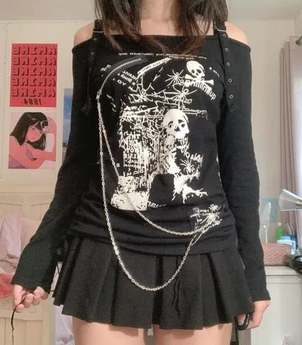 Vista 2 de Blusa de manga larga con cuello de encaje para mujer, estilo grunge, estilo grunge, estilo vintage