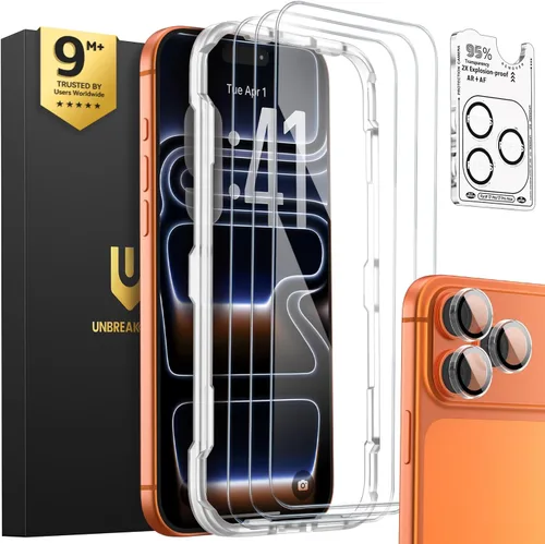 Vista 11 de UNBREAKcable Paquete de 3 protectores de pantalla para iPhone 15, 3 de vidrio templado + 3 protectores para lente de cámara, dureza 9H, claridad HD