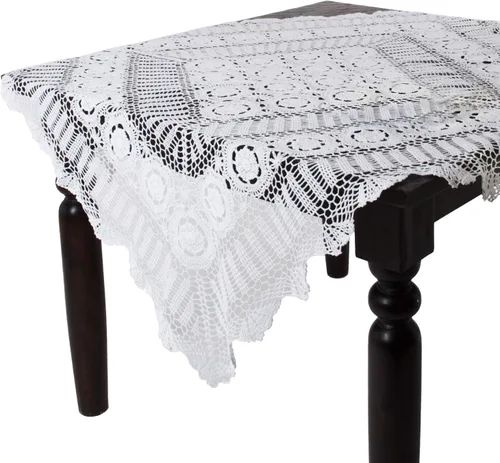 Vista 4 de Fennco Styles Cluny Collection Mantel de algodón con encaje de ganchillo hecho a mano, cuadrado de 30 pulgadas, mantel color crudo para bodas