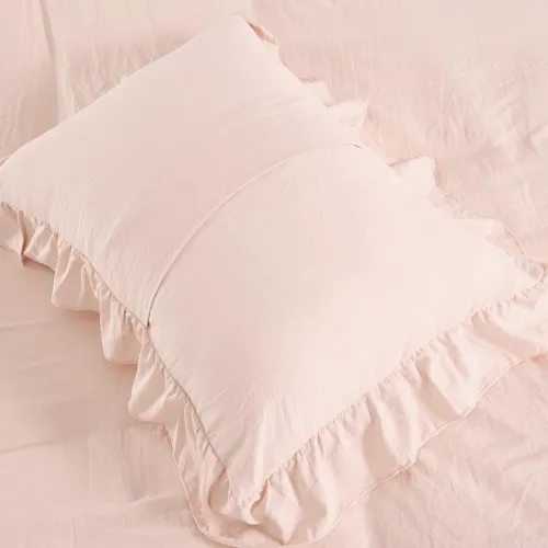 Vista 6 de Juego de funda de edredón rosa con volantes, tamaño Queen, 3 piezas, de microfibra lavada suave, estilo vintage, estilo francés, para cama Queen