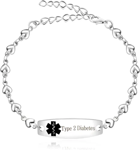 Vista 16 de Pulsera de símbolo médico de plata grabada con láser, alerta de salud grabada en forma de corazón, adecuada para primeros auxilios de emergencia