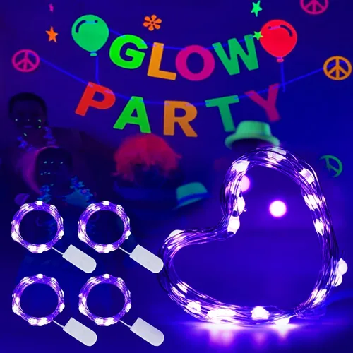 Vista 9 de Luces LED negras UV a pilas, paquete de 2 luces LED de 6.56 pies, 20 luces LED UV, accesorios de luz negra flexibles, luces de hadas moradas