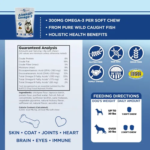 Vista 2 de Vital Planet - Masticables suaves con omega-3 de Alaska para perros, aceite de pescado salvaje de Alaska - 30 masticables suaves con sabor a nogal