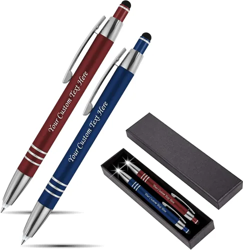 Vista 9 de Juego de regalo personalizado, 2 bolígrafos de lujo de metal de goma + linterna LED de escritor nocturno + lápiz capacitivo + caja de regalo, nombre
