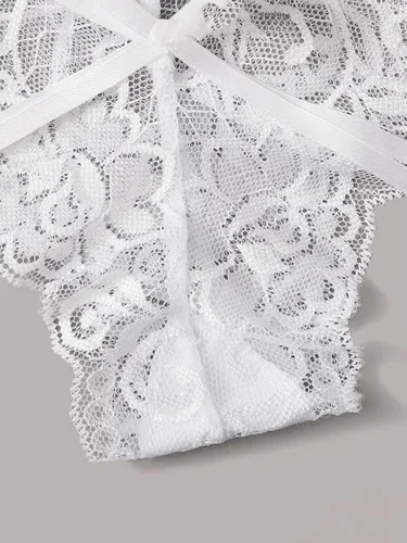 Vista 5 de WDIRARA Conjunto de 3 bragas de encaje floral con tirantes cruzados para mujer