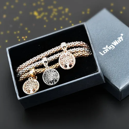 Vista 7 de Long Way 3 pulseras de abalorios chapados en oro rosa y plata para mujer, pulsera elástica multicapa de cristal