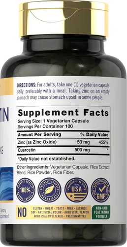 Vista 2 de Carlyle Cápsulas de quercetina de 500 mg con 50 mg de zinc 100 unidades Suplemento sin OMG y sin gluten