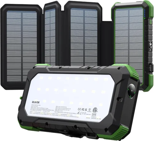 Vista 11 de BLAVOR Banco de energía solar 20,000mAh cargador portátil con 4 paneles Anaranjado encendido
