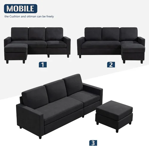 Vista 6 de JY QAQA - Sofá modular convertible, sofá en forma de L con tela de lino moderna, 4 asientos de ancho, tumbona reversible para espacios pequeños