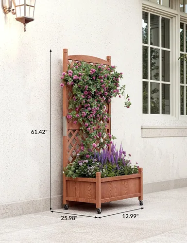 Vista 2 de GarveeLife Paquete de 2 macetas altas de madera con enrejado, cama de jardín elevada de 61.5 pulgadas de alto sobre ruedas, maceta vertical