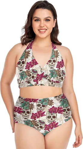 Vista 17 de Bikini de 2 piezas para mujer, talla grande, cintura alta, cuello halter, fruncido, control de abdomen Murciélagos Cruces Estrellas