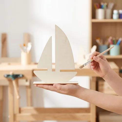 Vista 6 de Juguetes de playa para niños, 10 piezas de madera sin terminar, decoración de barco de madera para pintar para artes, manualidades, proyectos