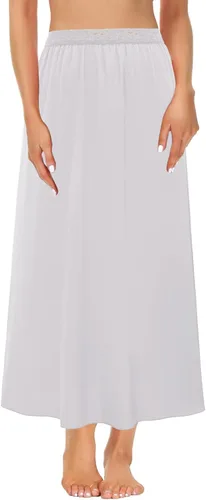 Vista 3 de Kate Kasin Media falda de satén antiestática para mujer, falda de satén de longitud completa, falda color nude, ribete de encaje, para debajo