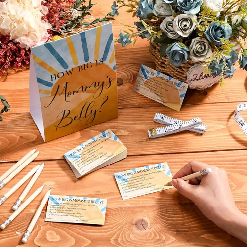 Vista 22 de Sabary 64 Piezas Juegos de Baby Shower Incluyen Letrero How Big is Mommy's Belly Sign Measure Bump Game 50 Tarjetas 10 Lápices 3 Cintas Métricas